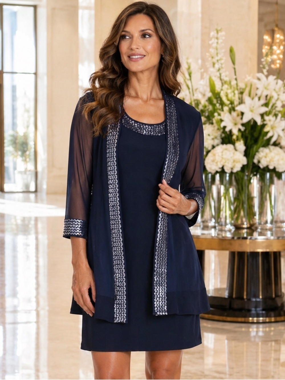 R&M Richards 2 Piece Navy Cocktail Dress Embellished Sequin Jacket Sheer Glam 12